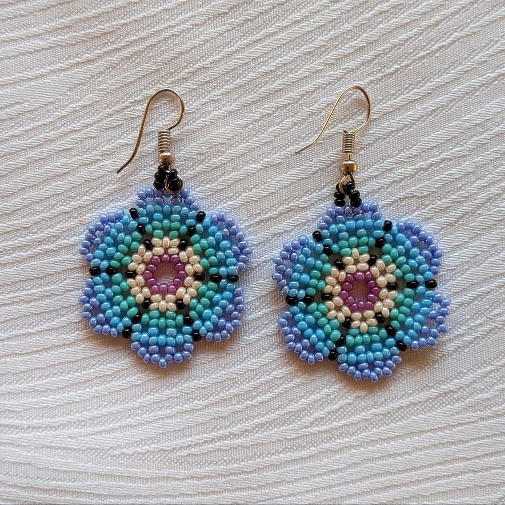 Handcrafted Huichol Blue Beaded Flower Earrings